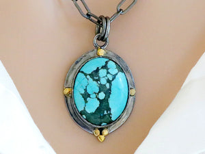 Sterling Silver Kingman Turquoise Antique Style Oval Artisan Handcrafted Pendant w/ Gold Granulation, (SP-5555)