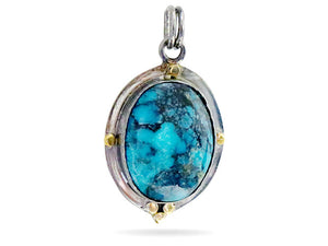 Sterling Silver Kingman Turquoise Antique Style Oval Artisan Handcrafted Pendant w/ Gold Granulation, (SP-5556)