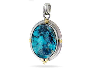 Sterling Silver Kingman Turquoise Antique Style Oval Artisan Handcrafted Pendant w/ Gold Granulation, (SP-5556)