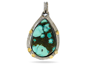 Sterling Silver Kingman Turquoise Antique Style Peardrop Artisan Handcrafted Pendant w/ Gold Granulation, (SP-5557)