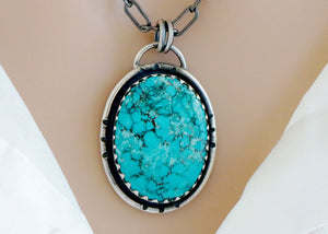 Sterling Silver Kingman Turquoise Antique Style Oval Artisan Handcrafted Pendant, (SP-5558)
