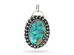 Sterling Silver Kingman Turquoise Antique Style Granulation Oval Artisan Handcrafted Pendant, (SP-5561)