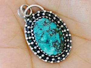Sterling Silver Kingman Turquoise Antique Style Granulation Oval Artisan Handcrafted Pendant, (SP-5561)