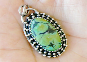 Sterling Silver Kingman Turquoise Antique Style Granulation Oval Artisan Handcrafted Pendant, (SP-5562)