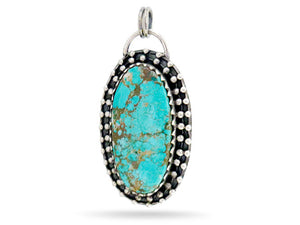 Sterling Silver Kingman Turquoise Antique Style Granulation Long Oval Artisan Handcrafted Pendant, (SP-5563)