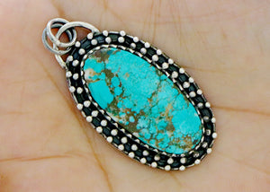 Sterling Silver Kingman Turquoise Antique Style Granulation Long Oval Artisan Handcrafted Pendant, (SP-5563)