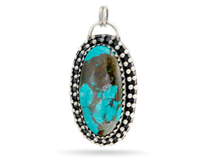 Sterling Silver Kingman Turquoise Antique Style Granulation Long Oval Artisan Handcrafted Pendant, (SP-5564)