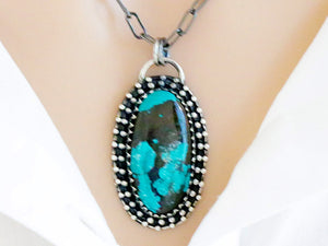 Sterling Silver Kingman Turquoise Antique Style Granulation Long Oval Artisan Handcrafted Pendant, (SP-5564)