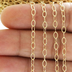 14K Gold Filled Etched Textured Pattern Flat Oval Cable Chain, 4.5x3.2 mm, (GF-034)