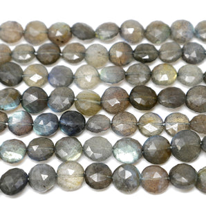 Natural Labradorite Faceted Coin Drops, 9-10 mm, Rich Blue Flash, (LAB-COIN-9-10)(355)