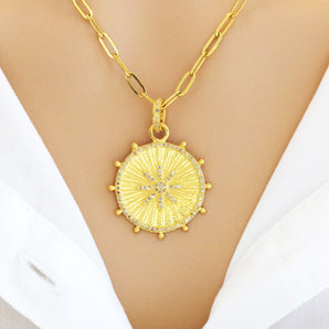 Pave Diamond Fluted Starburst Medallion Pendant, (DPM-1172)