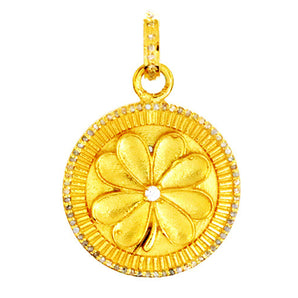 Pave Diamond Lucky Four Leaf Fluted Medallion Pendant, (DPM-1177)