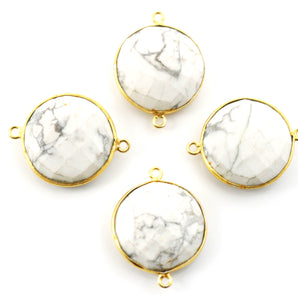 Gold Plated White Turquoise Faceted Round Coin Shape Bezel Connector, 21 mm, (BZCT-1072) - Beadspoint