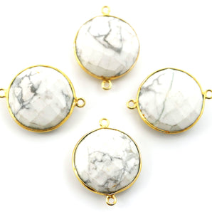 Gold Plated White Turquoise Faceted Round Coin Shape Bezel Connector, 21 mm, (BZCT-1072) - Beadspoint