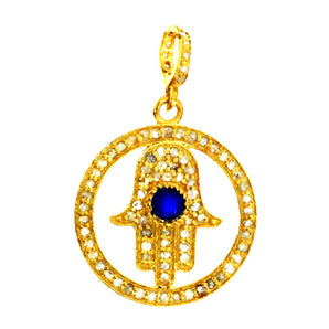 Pave Diamond Hamsa in Halo w/ Sapphire Pendant, (DPS-142)