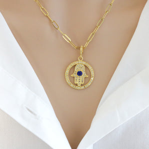 Pave Diamond Hamsa in Halo w/ Sapphire Pendant, (DPS-142)