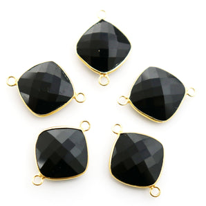 Gold Plated Black Onyx Faceted Cushion Shape Bezel Connector, 19 mm, (BZCT-1079) - Beadspoint