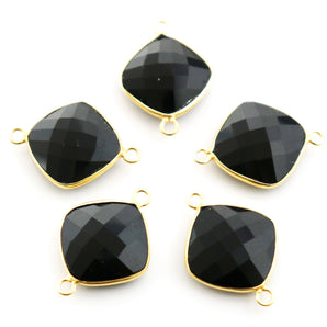 Gold Plated Black Onyx Faceted Cushion Shape Bezel Connector, 19 mm, (BZCT-1079) - Beadspoint