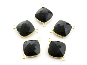 Gold Plated Black Onyx Faceted Cushion Shape Bezel Connector, 19 mm, (BZCT-1079) - Beadspoint