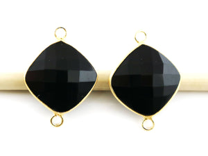 Gold Plated Black Onyx Faceted Cushion Shape Bezel Connector, 19 mm, (BZCT-1079) - Beadspoint