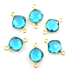 Gold Plated Blue Topaz Faceted Cushion Shape Bezel Connector, 12mm, (BZCT-1083) - Beadspoint