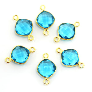 Gold Plated Blue Topaz Faceted Cushion Shape Bezel Connector, 12mm, (BZCT-1083) - Beadspoint