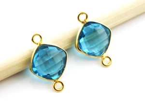 Gold Plated Blue Topaz Faceted Cushion Shape Bezel Connector, 12mm, (BZCT-1083) - Beadspoint