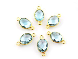 Gold Plated Blue Topaz Faceted Oval Shape Bezel Connector, 7X9-8X10 mm, (BZCT-1085) - Beadspoint