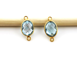 Gold Plated Blue Topaz Faceted Oval Shape Bezel Connector, 7X9-8X10 mm, (BZCT-1085) - Beadspoint