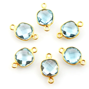 Gold Plated Blue Topaz Faceted Square Shape Bezel Connector, 8 mm, (BZCT-1086) - Beadspoint