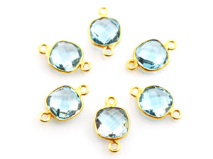Gold Plated Blue Topaz Faceted Square Shape Bezel Connector, 8 mm, (BZCT-1086) - Beadspoint