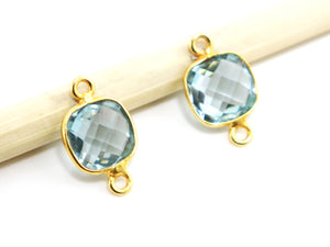 Gold Plated Blue Topaz Faceted Square Shape Bezel Connector, 8 mm, (BZCT-1086) - Beadspoint