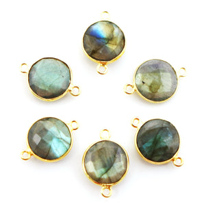 Gold Plated Labradorite Faceted Round Coin Shape Bezel Connector, 12 mm, (BZCT-1088) - Beadspoint