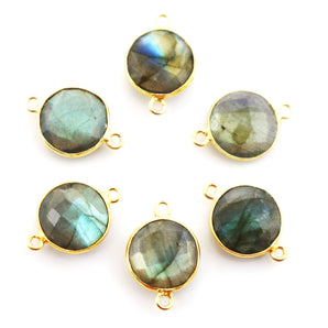 Gold Plated Labradorite Faceted Round Coin Shape Bezel Connector, 12 mm, (BZCT-1088) - Beadspoint