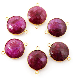 Gold Plated Dyed Ruby Faceted Round Coin Shape Bezel Connector, 20 mm, (BZCT-1091) - Beadspoint