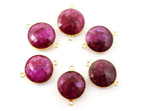 Gold Plated Dyed Ruby Faceted Round Coin Shape Bezel Connector, 20 mm, (BZCT-1091) - Beadspoint