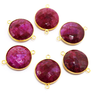 Gold Plated Dyed Ruby Faceted Round Coin Shape Bezel Connector, 20 mm, (BZCT-1091) - Beadspoint