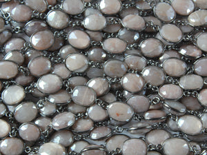 Peach Moonstone  10 x 14 mm Oval Bezel Chain, (BC-MNS-259) - Beadspoint