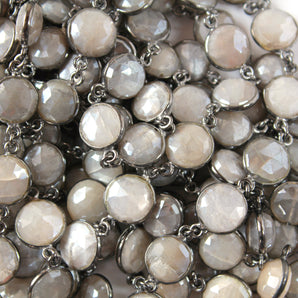 Grey Moonstone  10 mm Puff Coin Bezel Chain, (BC-MNS-261) - Beadspoint