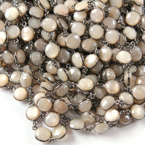 Moonstone Cream Color 10 mm Puff Coin Bezel Chain, (BC-MNS-262) - Beadspoint