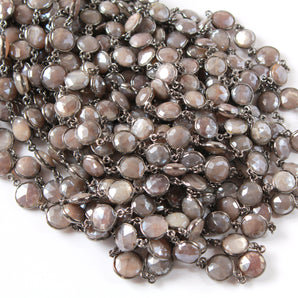 Dark Grey Moonstone 10 mm Puff Coin Bezel Chain, (BC-MNS-263) - Beadspoint