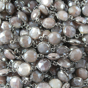 Dark Grey Moonstone 10 mm Puff Coin Bezel Chain, (BC-MNS-263) - Beadspoint