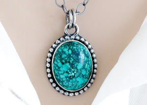 Sterling Silver Kingman Turquoise Antique Style Granulation Oval Artisan Handcrafted Pendant, (SP-5569)