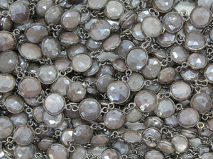 Dark Grey Moonstone 10 mm Puff Coin Bezel Chain, (BC-MNS-263) - Beadspoint