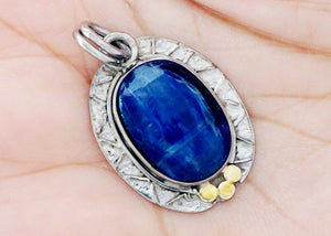 Sterling Silver Blue Sapphire Oval Artisan Handcrafted Pendant, (SP-5568)