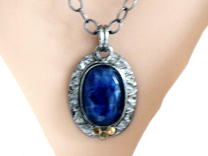 Sterling Silver Blue Sapphire Oval Artisan Handcrafted Pendant, (SP-5568)