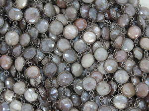 Mix Moonstone 10 mm Puff Coin Bezel Chain, (BC-MNS-264) - Beadspoint