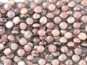 Peach Moonstone 10 mm Puff Coin Bezel Chain, (BC-MNS-265) - Beadspoint