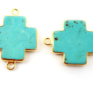 Gold Electroplated Turquoise Cross Bezel Connector, 25 mm, (BZCT-1102) - Beadspoint