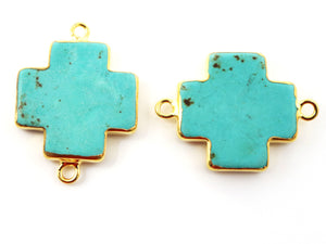 Gold Electroplated Turquoise Cross Bezel Connector, 25 mm, (BZCT-1102) - Beadspoint